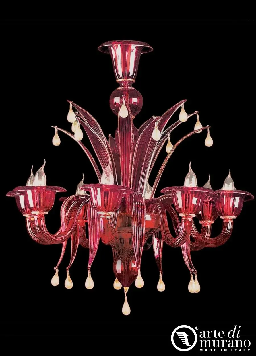 obrazek 1 Niepowtarzalny czerwony żyrandol na 12 żarówek z 24-karatowego złota - szkło Murano