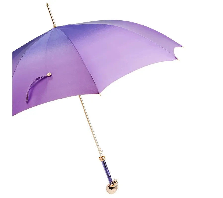 obrazek 7 Oryginalny fioletowy parasol damski z rączką zdobioną złotą czaszką – Pasotti