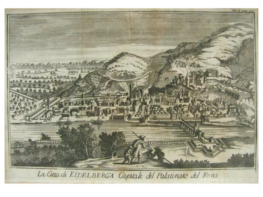 obrazek 1 Widok Heidelbergu Antyczna grafika z ramą 1740r.