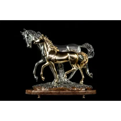 Picture Unique horses made of gold and silver resin with a marble base and crystal legs for the living room