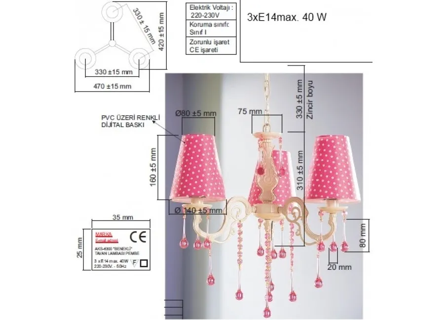obrazek 2 Piękna lampa wisząca z różowym abażurem w białe kropki do pokoju damy - Cilek