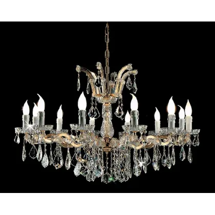 Zdjęcie Luksusowy żyrandol Mariateresa z pozłacaną metalową ramą pokrytą szklanymi ramionami i przezroczystymi kryształowymi zawieszkami - Il Paralume Marina