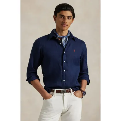 Zdjęcie Polo Ralph Lauren koszula lniana męska kolor granatowy slim z kołnierzykiem button-down 710968915