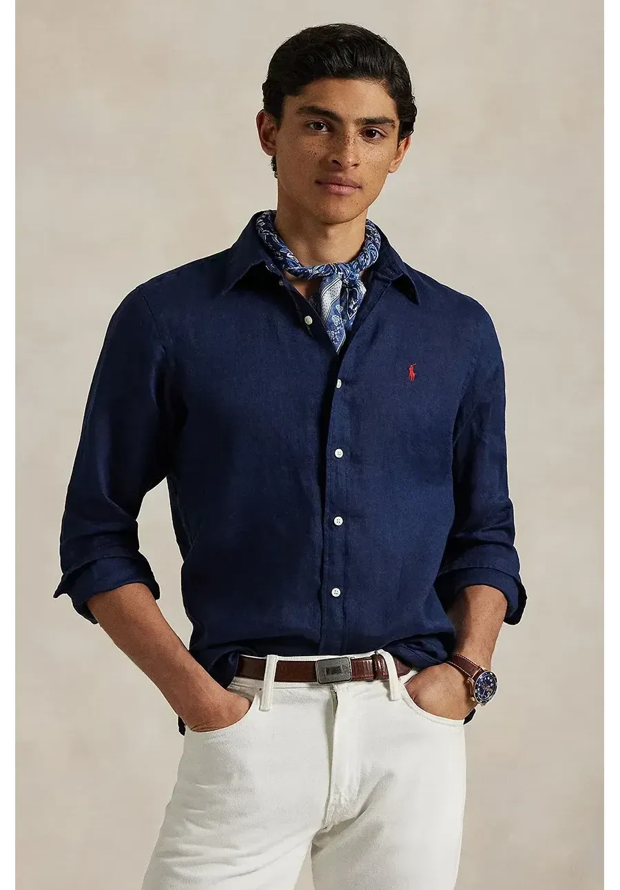 obrazek 1 Polo Ralph Lauren koszula lniana męska kolor granatowy slim z kołnierzykiem button-down 710968915