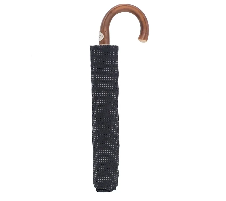 obrazek 2 Stylowy czarny parasol męski w kratę z uchwytem z drewna kasztanowego – Pasotti