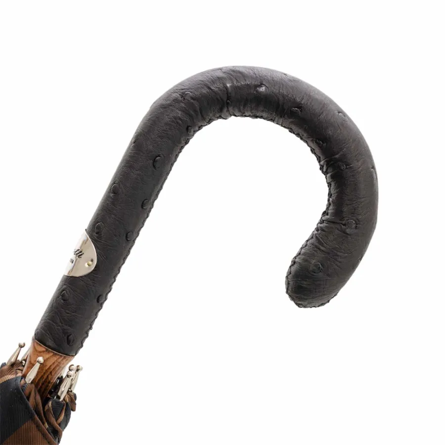 obrazek 3 Stylowy brązowy parasol męski w pionowe paski z rączką ze skóry strusia - Pasotti