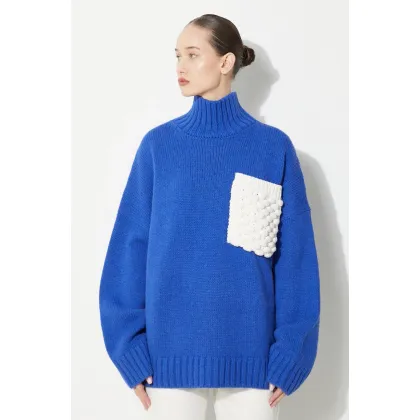 Zdjęcie JW Anderson sweter wełniany Textured Patch Pocket Turtleneck Jumper damski kolor niebieski ciepły z golfem KW1150.YN0144.823