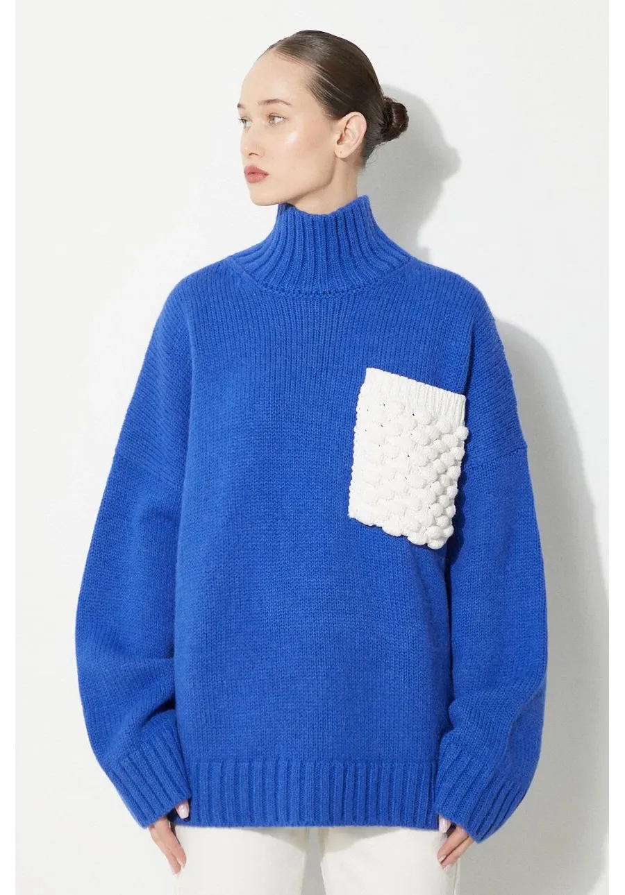 obrazek 1 JW Anderson sweter wełniany Textured Patch Pocket Turtleneck Jumper damski kolor niebieski ciepły z golfem KW1150.YN0144.823