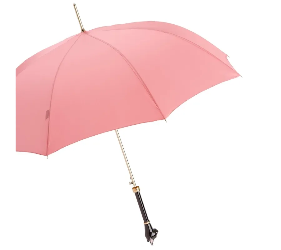 obrazek 6 Stylowy różowy parasol damski z rączką zdobioną głową czarnego kota - Pasotti