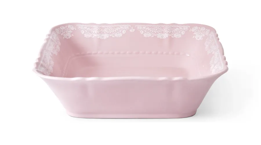 obrazek 1 Porcelanowa kwadratowa miska w kolorze różowym z delikatnym białym zdobieniem – Leander
