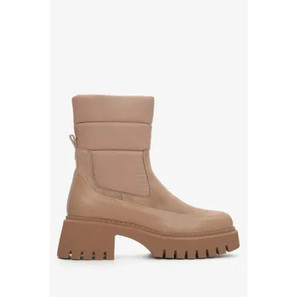 Zdjęcie Estro: Brązowe botki damskie na zimę na stabilnej platformie z weluru i skóry