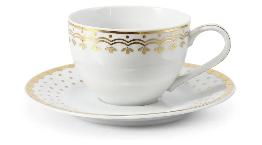 obrazek 1 Piękna filiżanka ze spodkiem z porcelany zdobiona złotym motywem – wariant 1 – Leander
