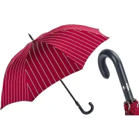 Zdjęcie Wyjątkowy czerwony parasol męski w pionowe paski ze skórzaną czarną rączką – Pasotti