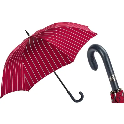 Picture A unique red men's umbrella with vertical stripes with a black leather handle - Pasotti