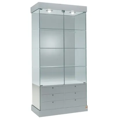Picture A stylish display cabinet with drawers and halogen lighting for a unique store