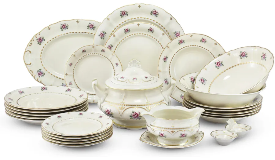 obrazek 1 Stylowa 25-częściowa zastawa obiadowa z porcelany z klasycznej kolekcji Bohemian rose ivory – Leander