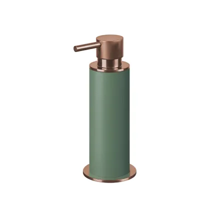 Picture Copper-plated bathroom dispenser Ø7xH19 cm with leather finish in the color of eucalyptus leaves