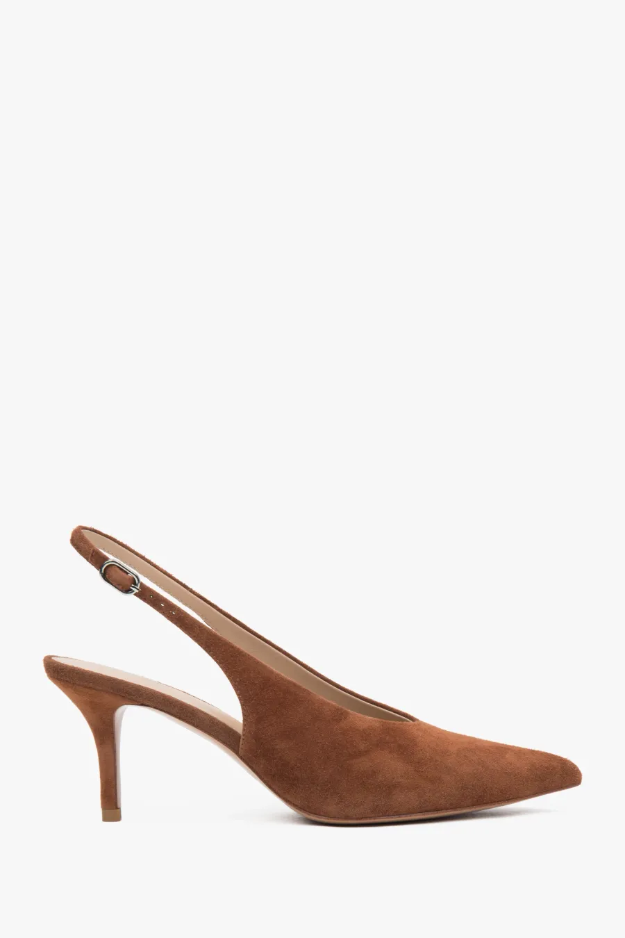 obrazek 1 Estro: Brązowe welurowe czółenka damskie typu slingback na obcasie