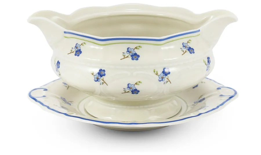 obrazek 3 Ekskluzywna 25-częściowa zastawa obiadowa z porcelany w kolorze kości słoniowej zdobiona motywem niezapominajek – Leander