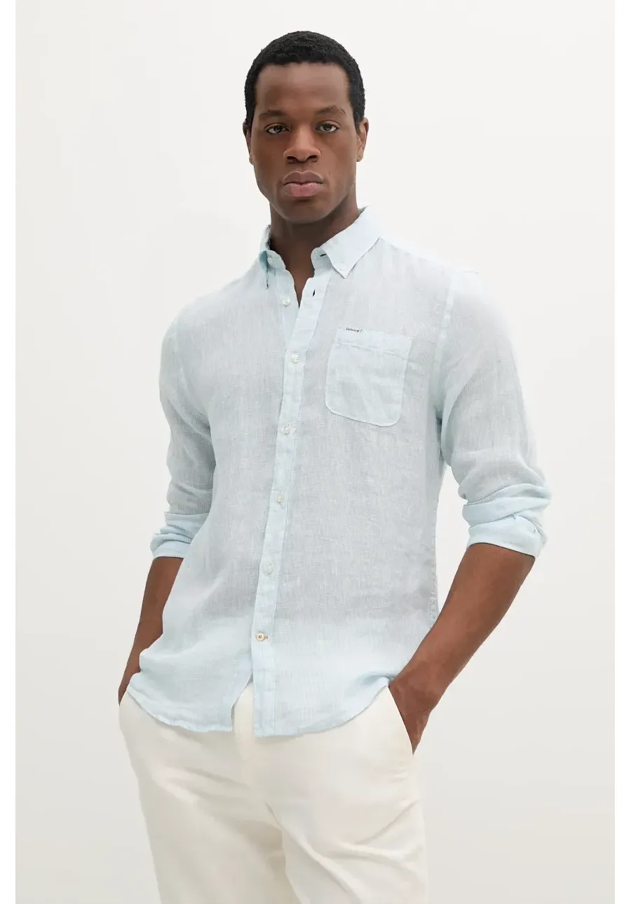 obrazek 1 Barbour koszula lniana Linton Tailored Shirt męska kolor niebieski slim z kołnierzykiem button-down MSH5325