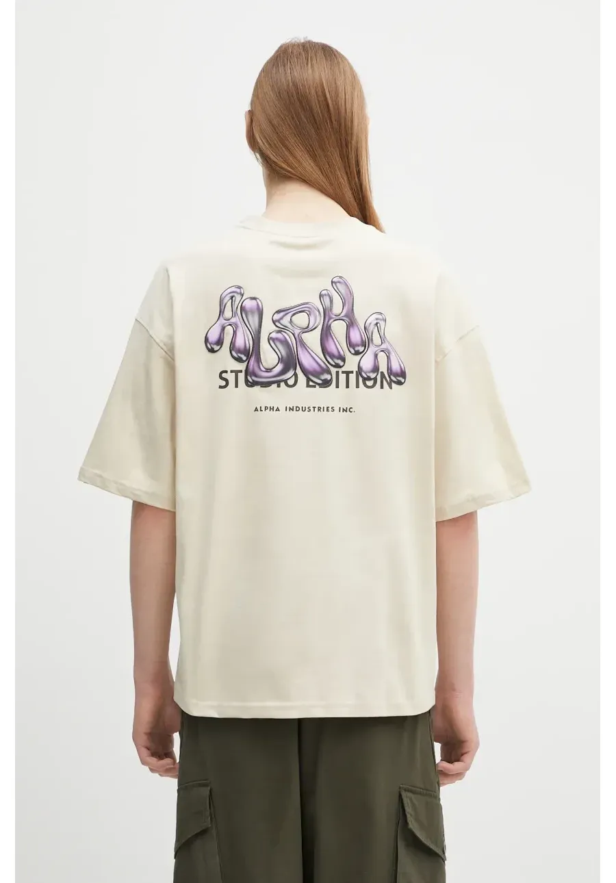 obrazek 1 Alpha Industries t-shirt bawełniany Studio Edition BP T męski kolor beżowy z aplikacją 156553
