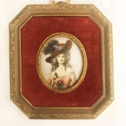 Picture Miniature of a woman wearing a wide-brimmed hat with feathers and a pink dress