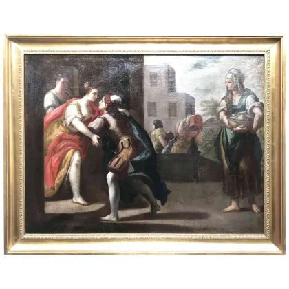 Picture Farewell - antique oil painting, first canvas, in a gilded wooden frame from the 18th century