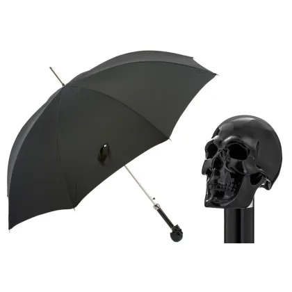 Picture Stylish black men's umbrella with a handle in the shape of a black skull - Pasotti