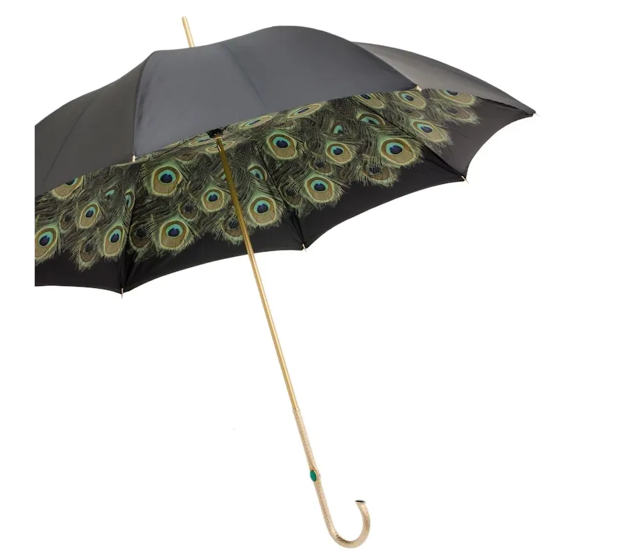 obrazek 8 Stylowy czarny parasol damski zdobiony wzorem pawich piór – Pasotti