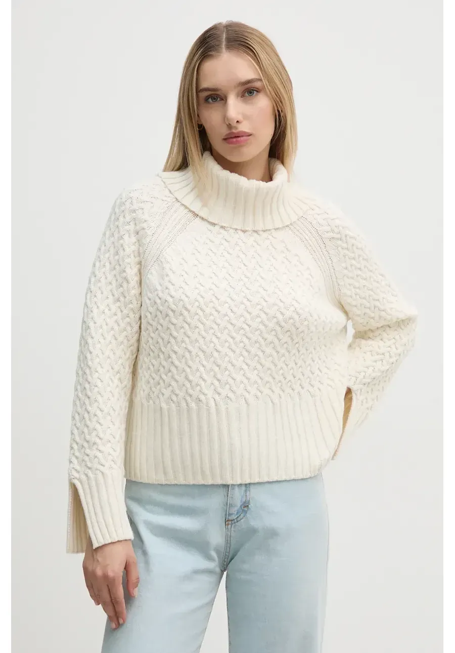 obrazek 1 Barbour sweter damski kolor beżowy ciepły z półgolfem LKN1589