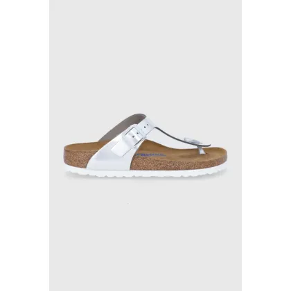 Zdjęcie Birkenstock japonki skórzane Gizeh damskie kolor srebrny na płaskim obcasie 1003675