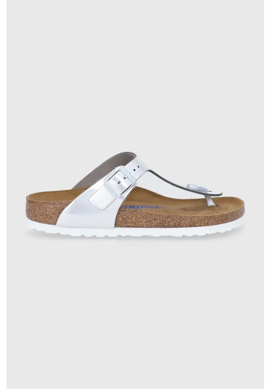 obrazek 1 Birkenstock japonki skórzane Gizeh damskie kolor srebrny na płaskim obcasie 1003675