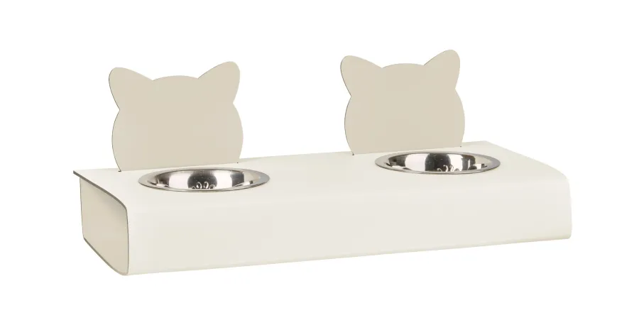 obrazek 1 Biały zestaw misek dla kota 40x16xH6 cm zdobiony motywem kocich głów