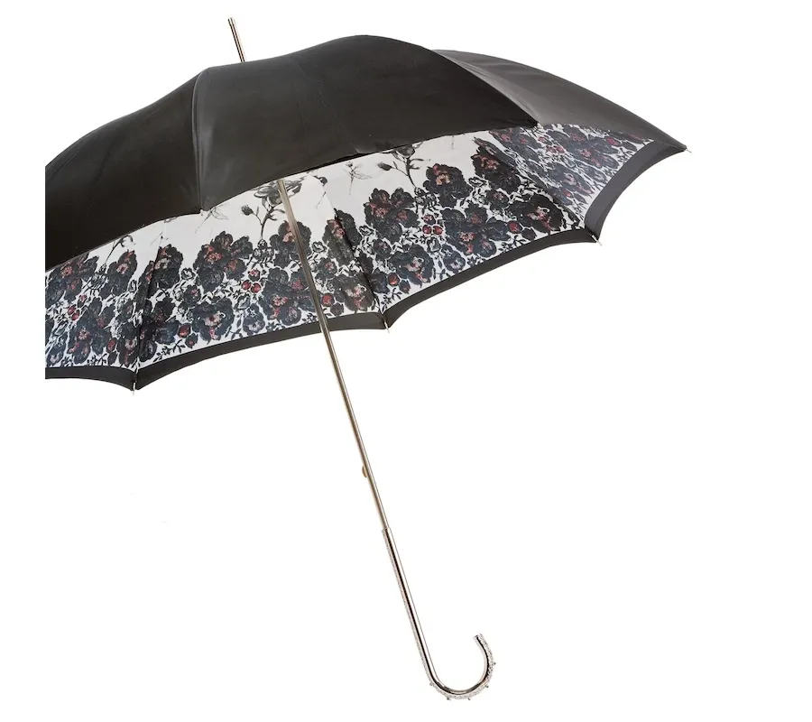 obrazek 8 Oryginalny czarno biały parasol damski zdobiony motywem kwiatowym z piękną metalową rączką – Pasotti