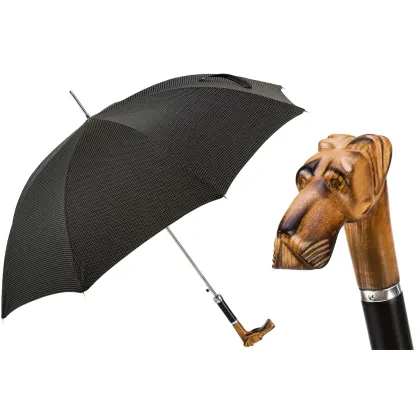 Picture Stylish black men's umbrella with white small dots and a handle in the shape of a Great Dane's head - Pasotti