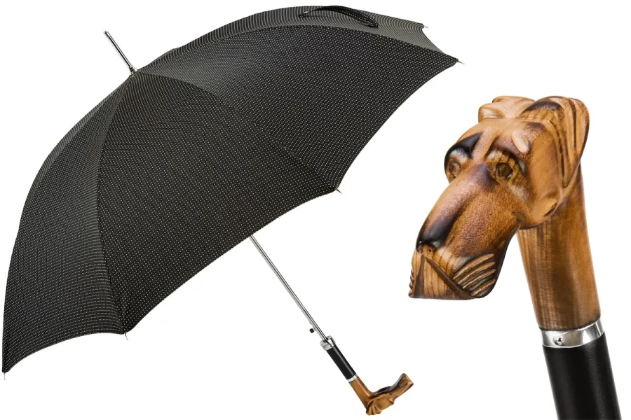 obrazek 1 Stylowy czarny parasol męski w białe drobne kropki z rączką w kształcie głowy doga niemieckiego - Pasotti