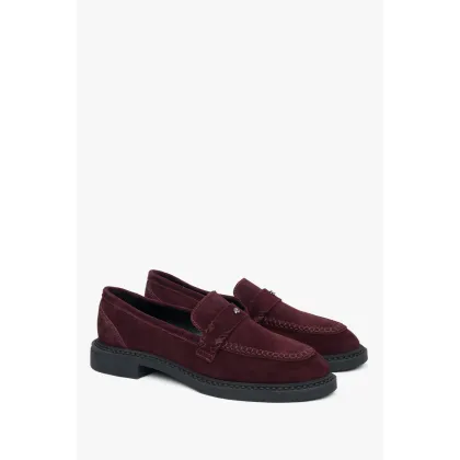 Zdjęcie Estro: Burgundowe loafersy damskie typu Penny z włoskiego weluru naturalnego Premium