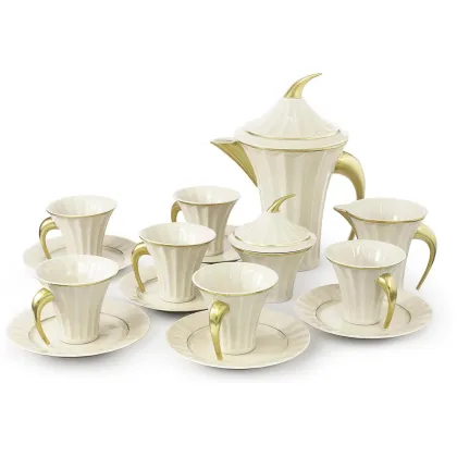 Zdjęcie 15-elementowy porcelanowy komplet do herbaty ze złoceniami w stylu egipskim – Rudolf Kampf