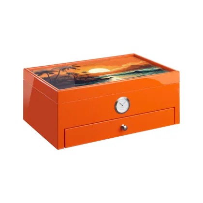 Picture A stylish orange cigar humidor made of cedar decorated with a Caribbean beach motif