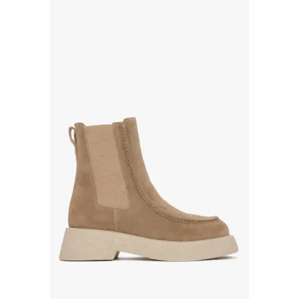 Zdjęcie Estro: Beżowe sztyblety damskie z włoskiego weluru naturalnego