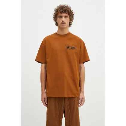 Zdjęcie Aries t-shirt bawełniany Temple SS Tee męski kolor brązowy gładki AR6000002