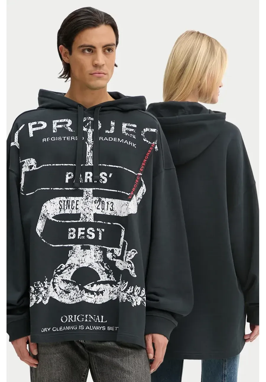 obrazek 1 Y/Project bluza bawełniana EVERGREEN PARIS' BEST PINCHED HOODIE kolor czarny z kapturem z nadrukiem 204SH002