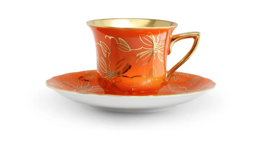 obrazek 1 Luksusowa filiżanka do kawy Windsor ze spodkiem z porcelany zdobiona złotymi kwiatami w kolorze pomarańczowym – Leander