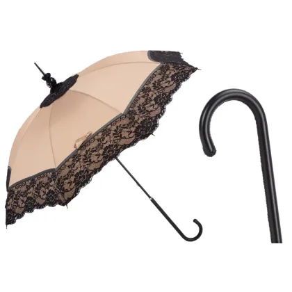 Zdjęcie Stylowy beżowy parasol damski zdobiony czarną koronką – Pasotti
