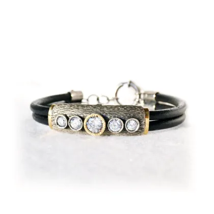 Picture Original leather bracelet, decorated with gold, silver and zirconia crystals