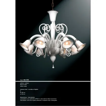 Zdjęcie Wyjątkowy żyrandol z ośmioma światłami z dmuchanymi pastorałami z mlecznego białego szkła - Il Paralume Marina