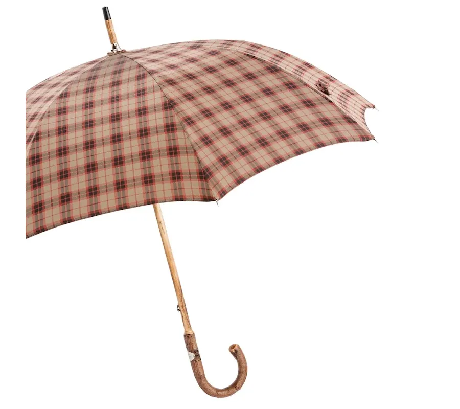 obrazek 7 Klasyczny brązowy parasol męski w czerwono czarną kratę z drewnianą rączką - Pasotti