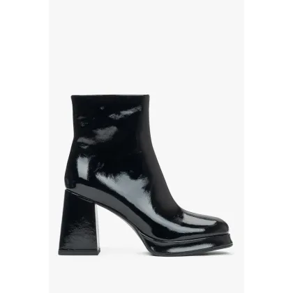 Zdjęcie Estro: Czarne botki damskie z lakierowanej skóry z platformą i stabilnym obcasem