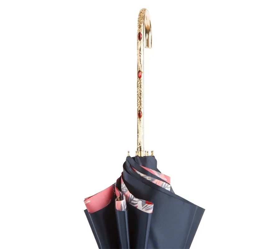 obrazek 3 Stylowy czarny parasol damski zdobiony motywem piór na czerwonym tle – Pasotti