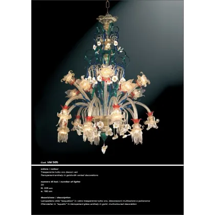 Zdjęcie Żyrandol w stylu „wodnym” z przezroczystego złotego szkła z wielobarwnymi i polichromowanymi dekoracjami - Il Paralume Marina